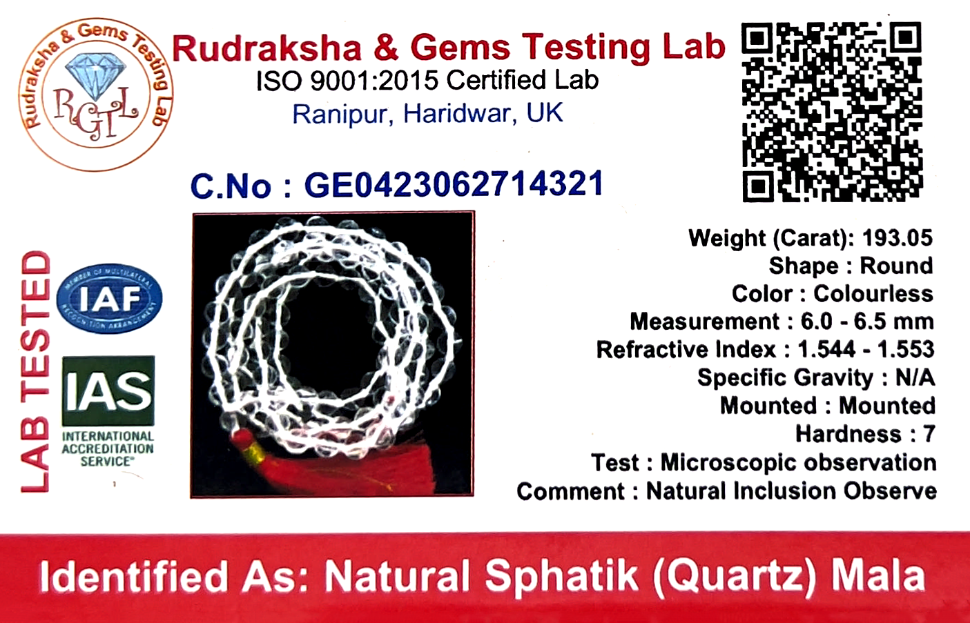 Sphatik Mala (Certified)